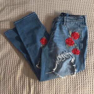 Hollister Blue Jeans with Red Floral Embroidery